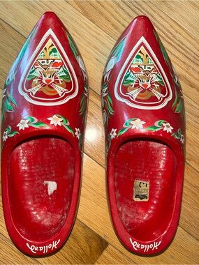 Vintage Red Hand-Painted Decorative Wooden Clogs